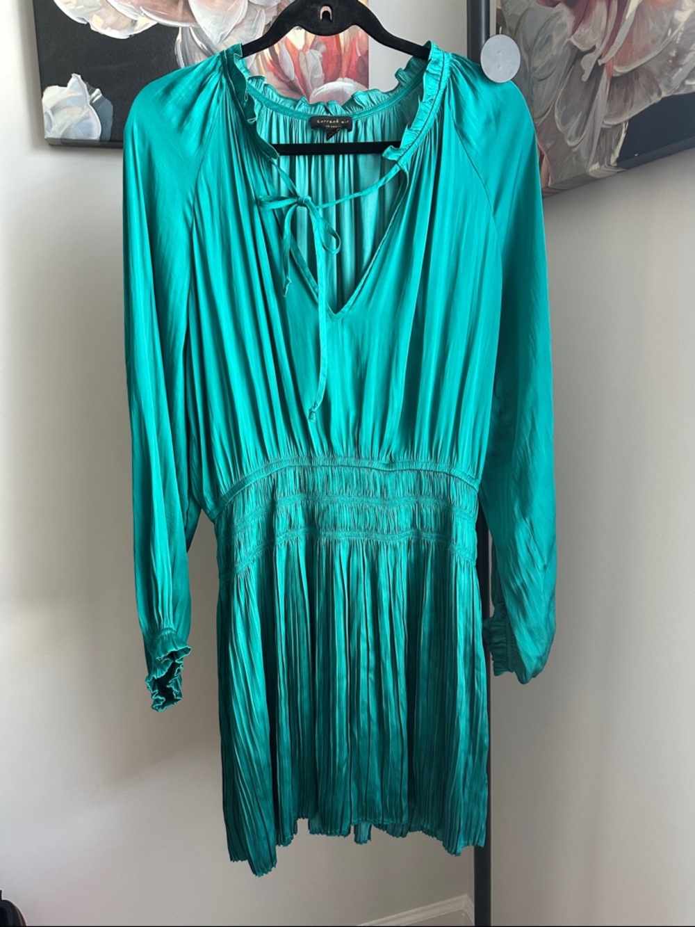 Current Air Emerald Teal Long-Sleeve Pleated V-Neck Dress